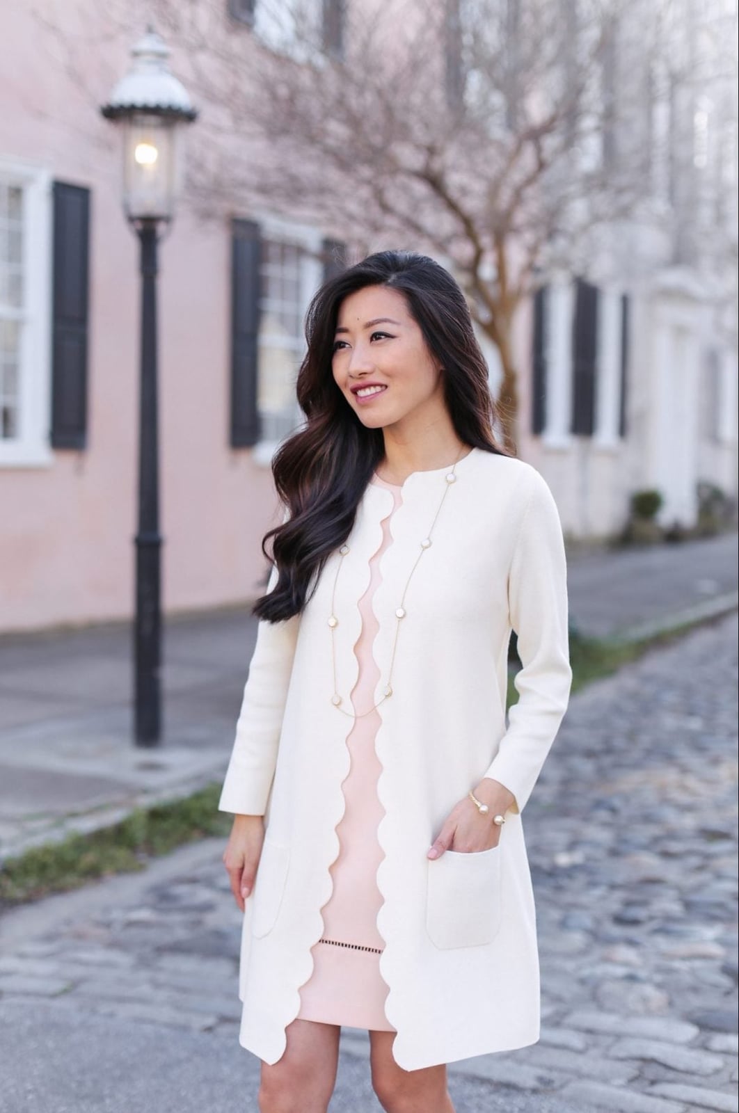Pink Dress with Scalloped Edge Cream Cardigan Pink Dress with Scalloped Edge Cream Cardigan — Classy Dress with Cardigan