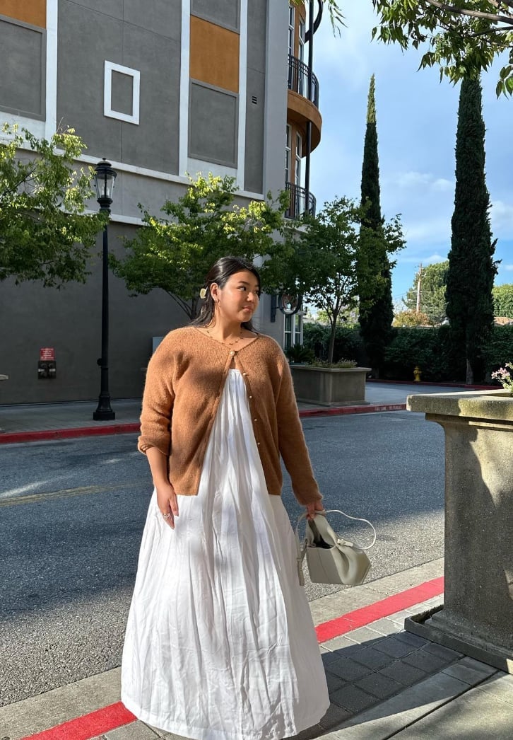 White Tiered Maxi Dress with Brown Fluffy Cardigan White Tiered Maxi Dress with Brown Fluffy Cardigan — Classy Dress with Cardigan