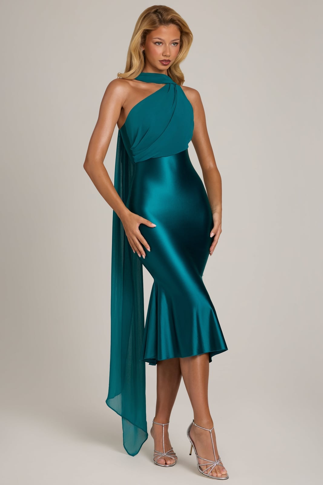 Teal Halter Dress With Chiffon Scarf Detail Teal Halter Dress With Chiffon Scarf Detail — Classy Dress with Scarf