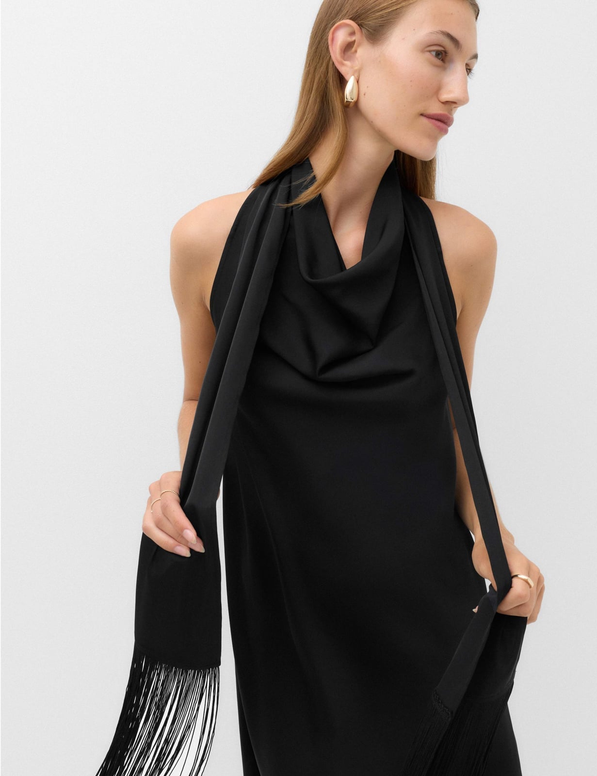 Halter Neck Dress With Long Fringed Scarf Halter Neck Dress With Long Fringed Scarf — Classy Dress with Scarf