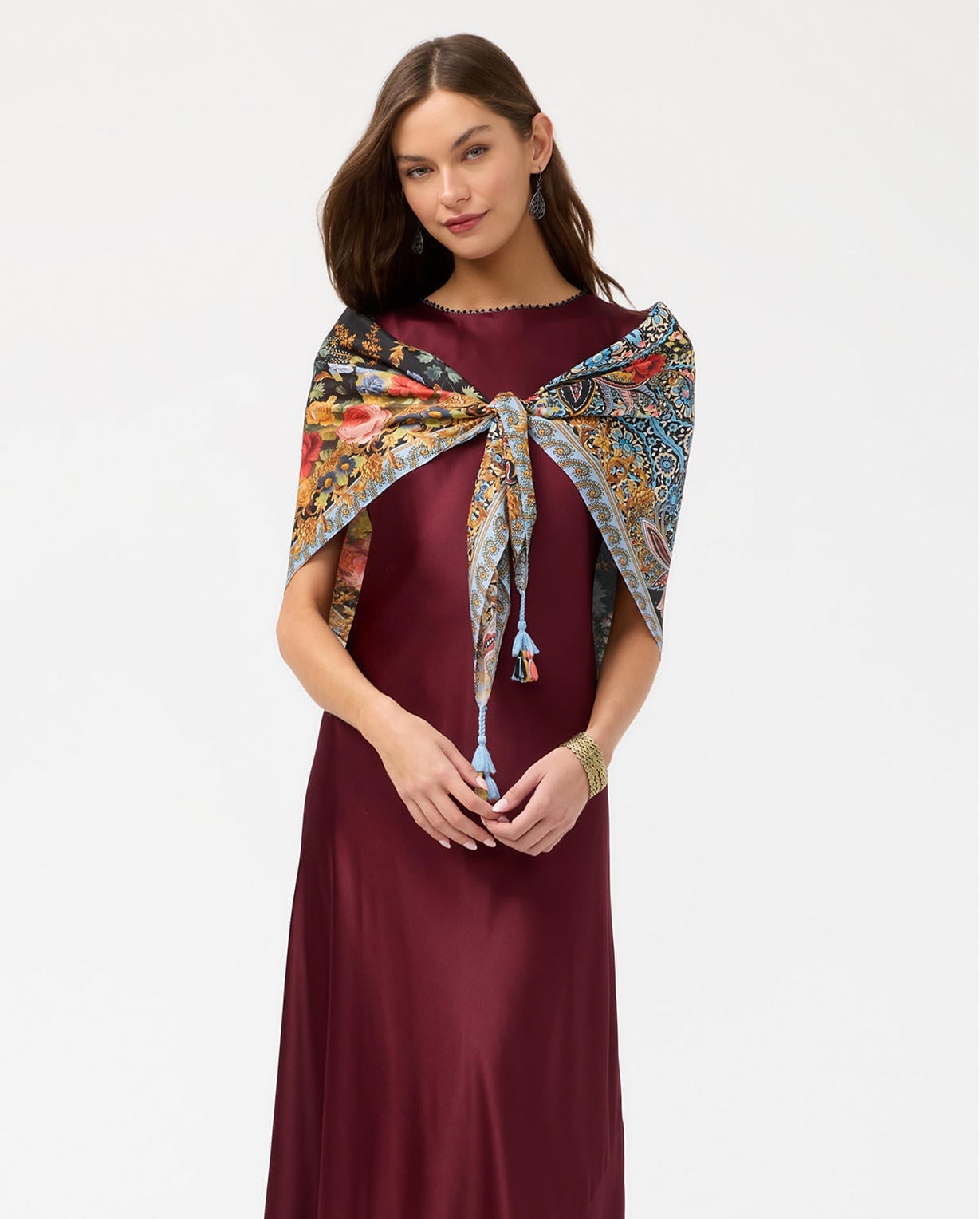 Fitted Satin Dress With Multi-Print Scarf Tie Fitted Satin Dress With Multi-Print Scarf Tie — Classy Dress with Scarf