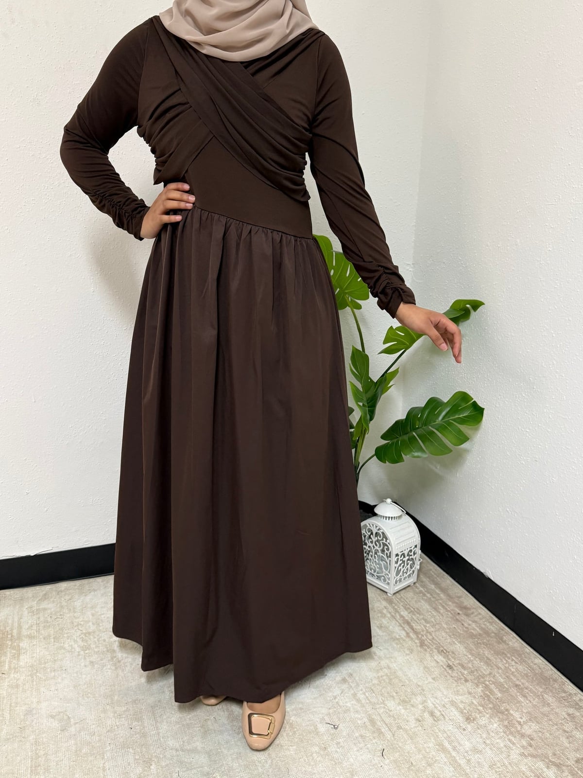 Long Sleeve Dress With Draped Neckline and Hijab Long Sleeve Dress With Draped Neckline and Hijab — Classy Dress with Scarf