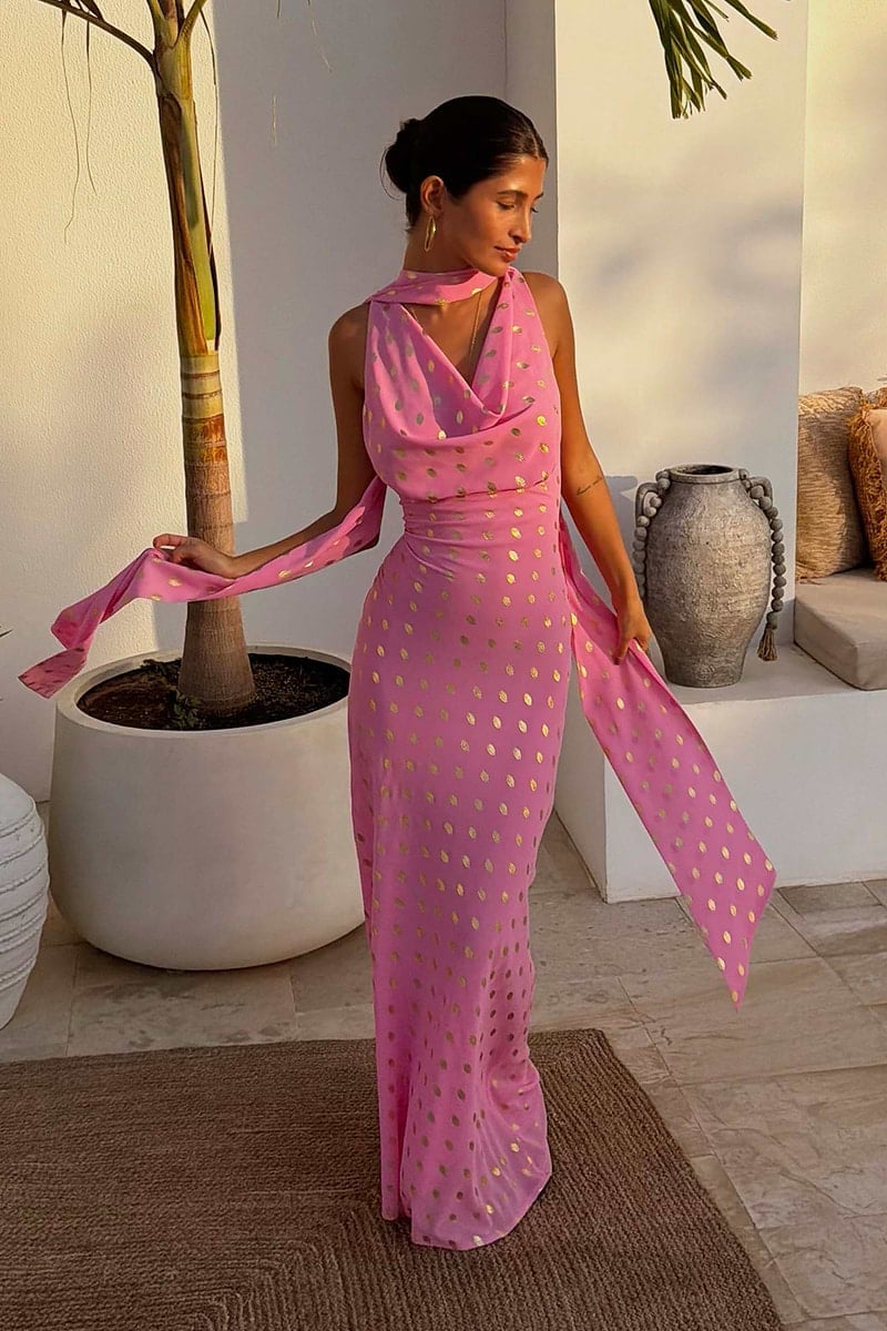 Flowy Halter Maxi Dress With Neck Scarf Flowy Halter Maxi Dress With Neck Scarf — Classy Dress with Scarf