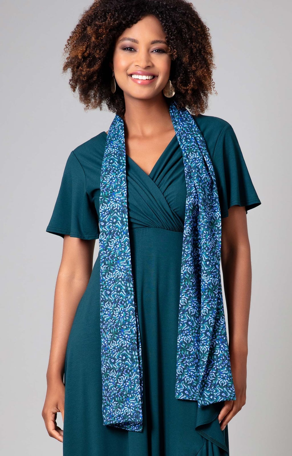 Teal Wrap Dress With Floral Scarf Teal Wrap Dress With Floral Scarf — Classy Dress with Scarf