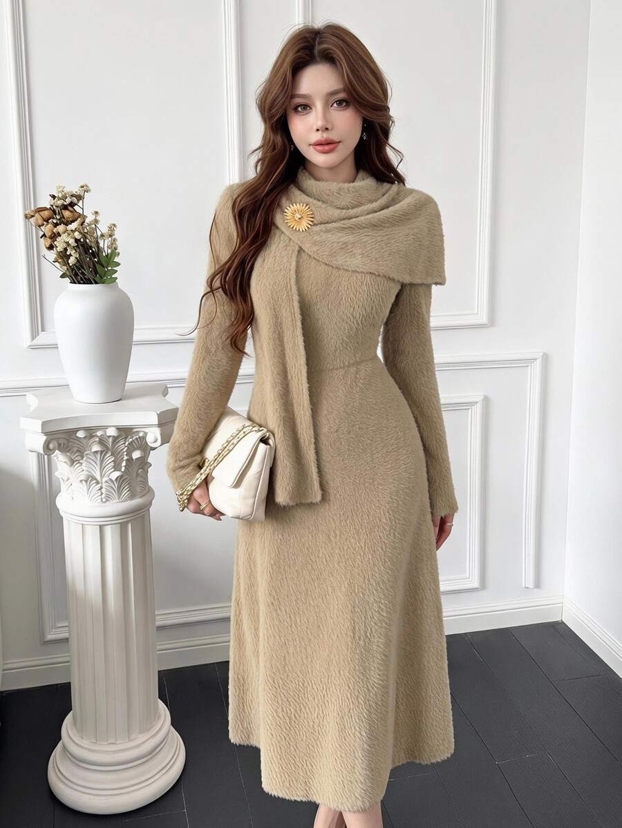 Fitted Knit Midi Dress With Scarf Collar Fitted Knit Midi Dress With Scarf Collar — Classy Dress with Scarf