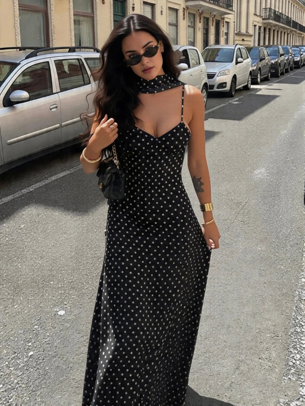 Fitted Maxi Dress With Neck Scarf Fitted Maxi Dress With Neck Scarf — Classy Dress with Scarf