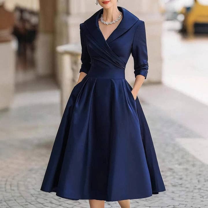 Navy Satin Collared Midi Dress With Full Skirt — Classy Dresses for Moms