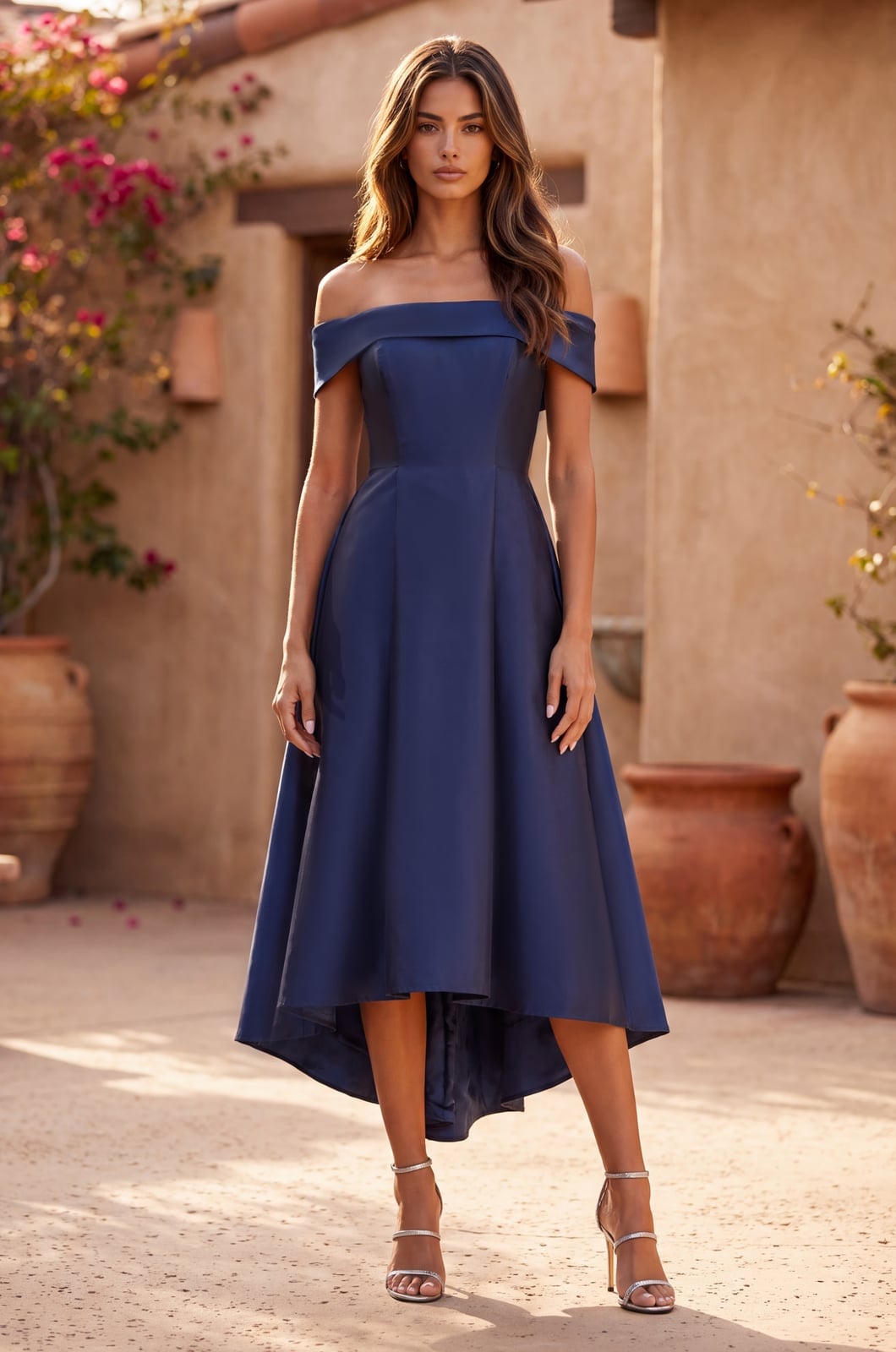 Navy Satin Off-Shoulder A-Line Midi Dress — Classy Dresses for Moms