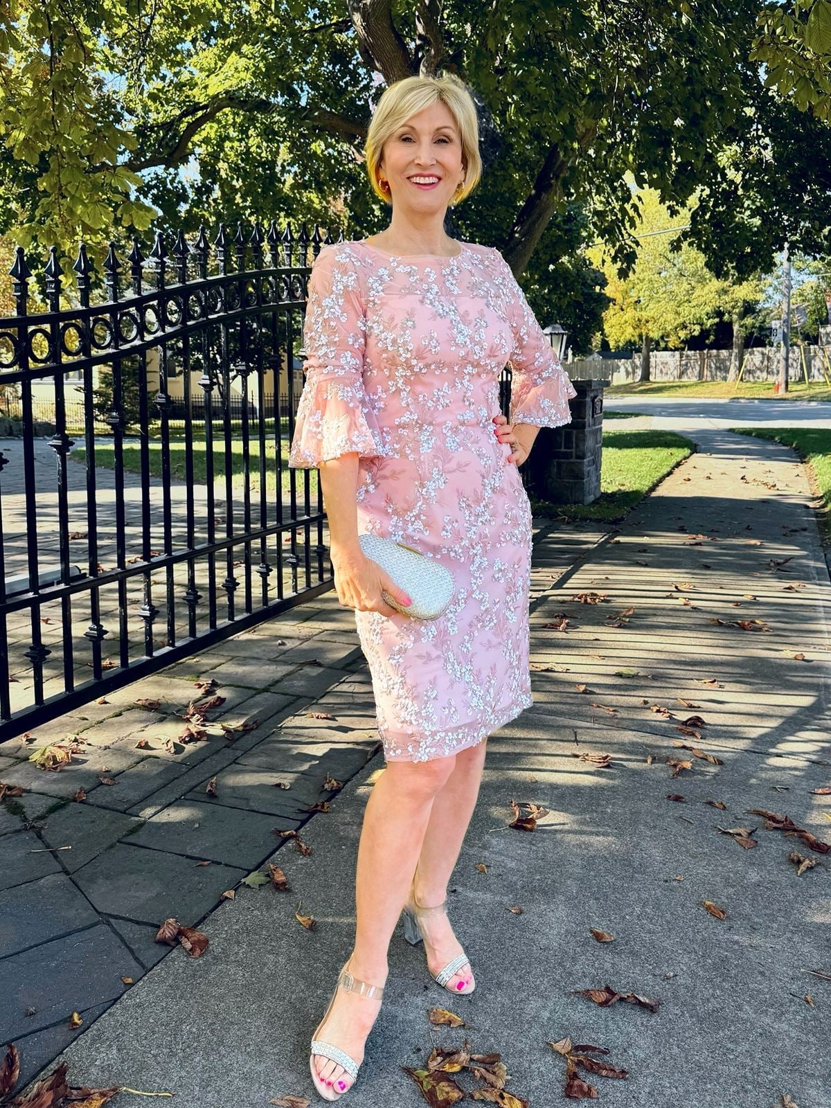 Pink Lace Sequin Midi Dress With Puff Sleeves — Classy Dresses for Moms