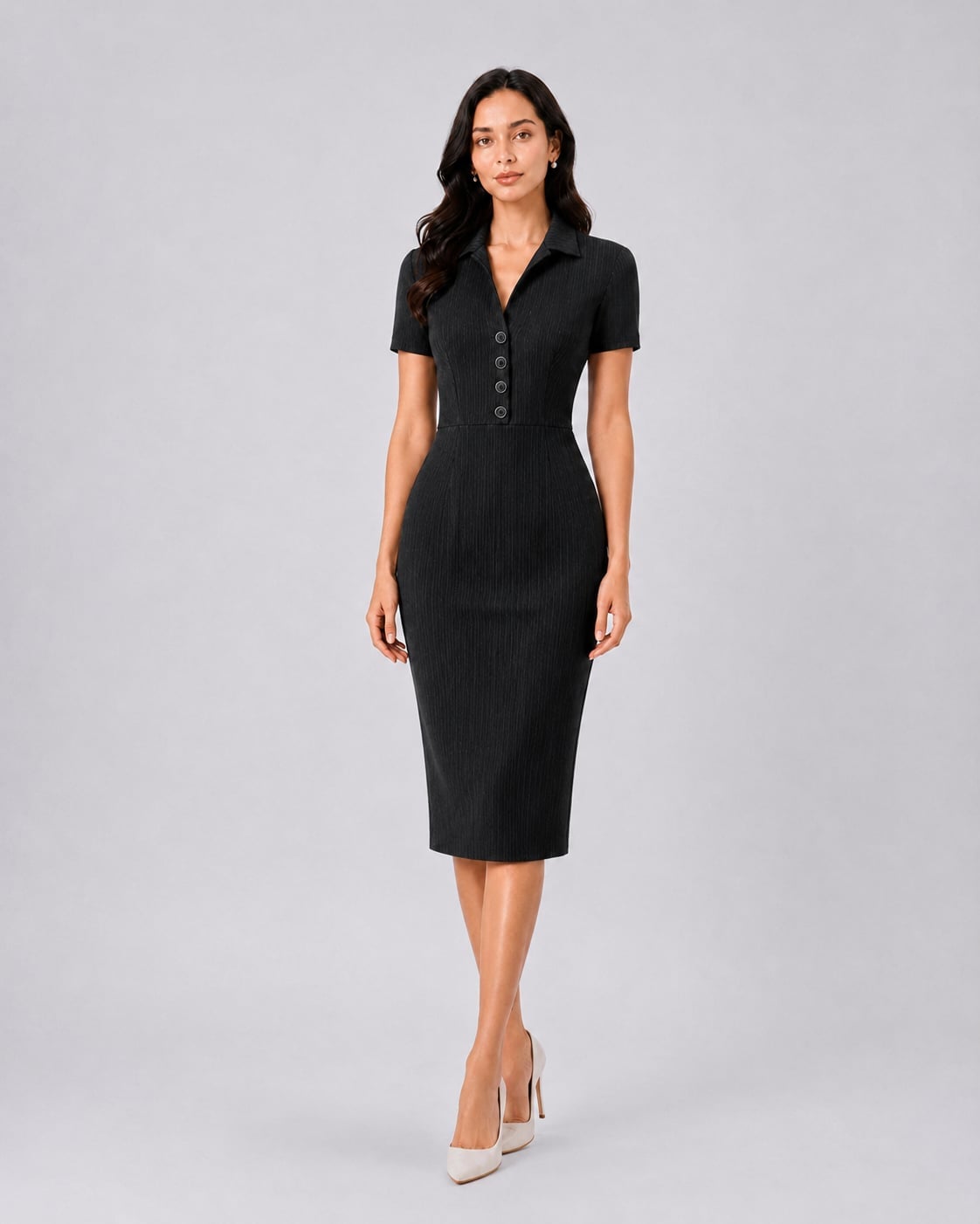 Dark Gray Pinstripe Sheath Dress With Button Collar — Classy Dresses for Moms