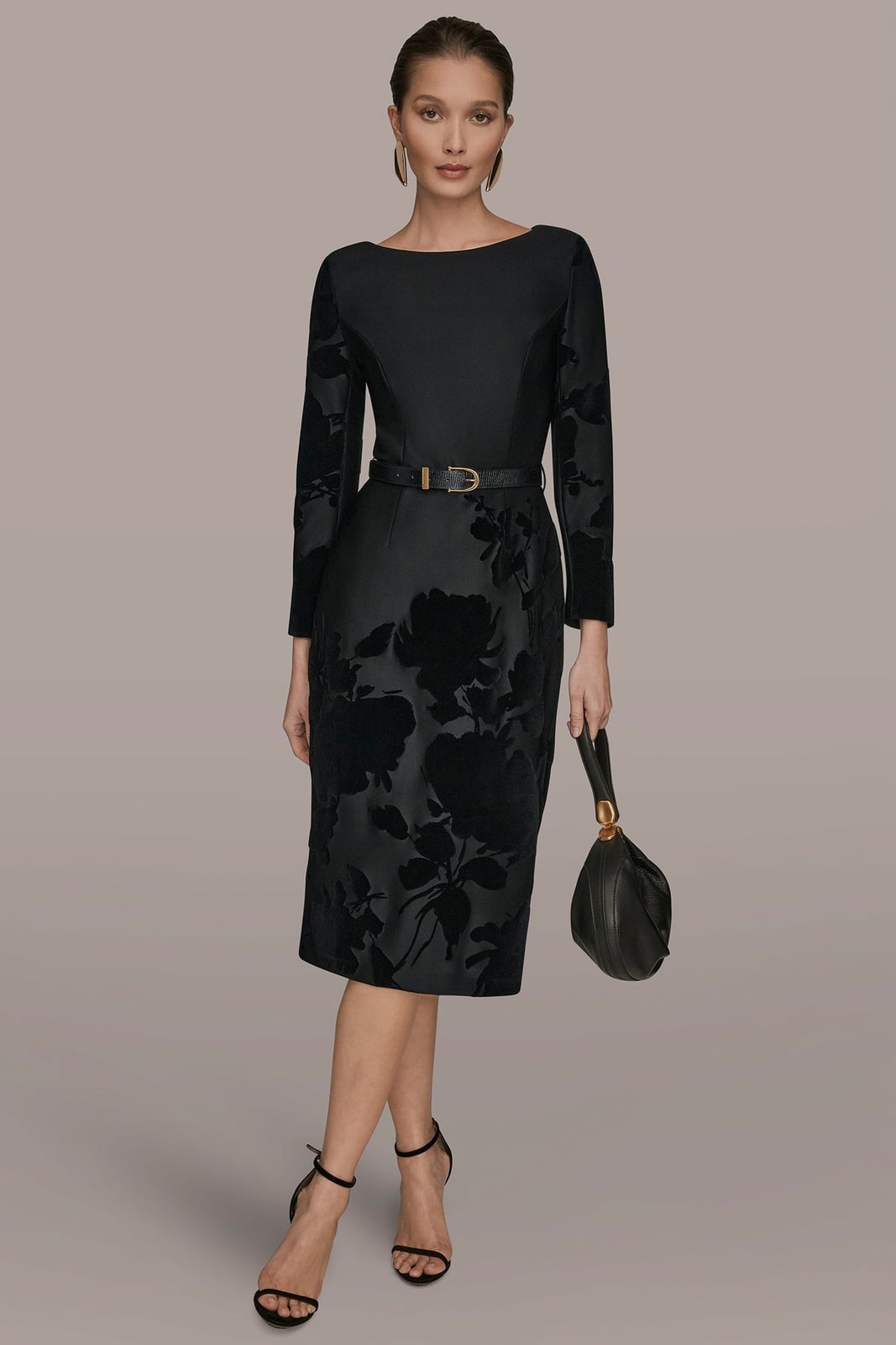 Black Jacquard Belted Midi Dress With Embossed Floral Pattern — Classy Dresses for Moms