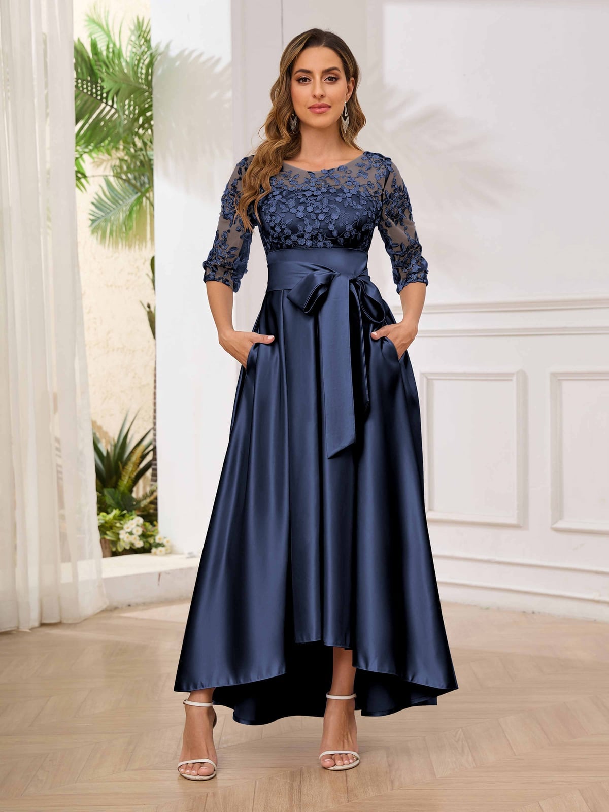 Navy Satin Fit And Flare Dress With High-Low Hem And Bow Belt — Classy Dresses for Moms