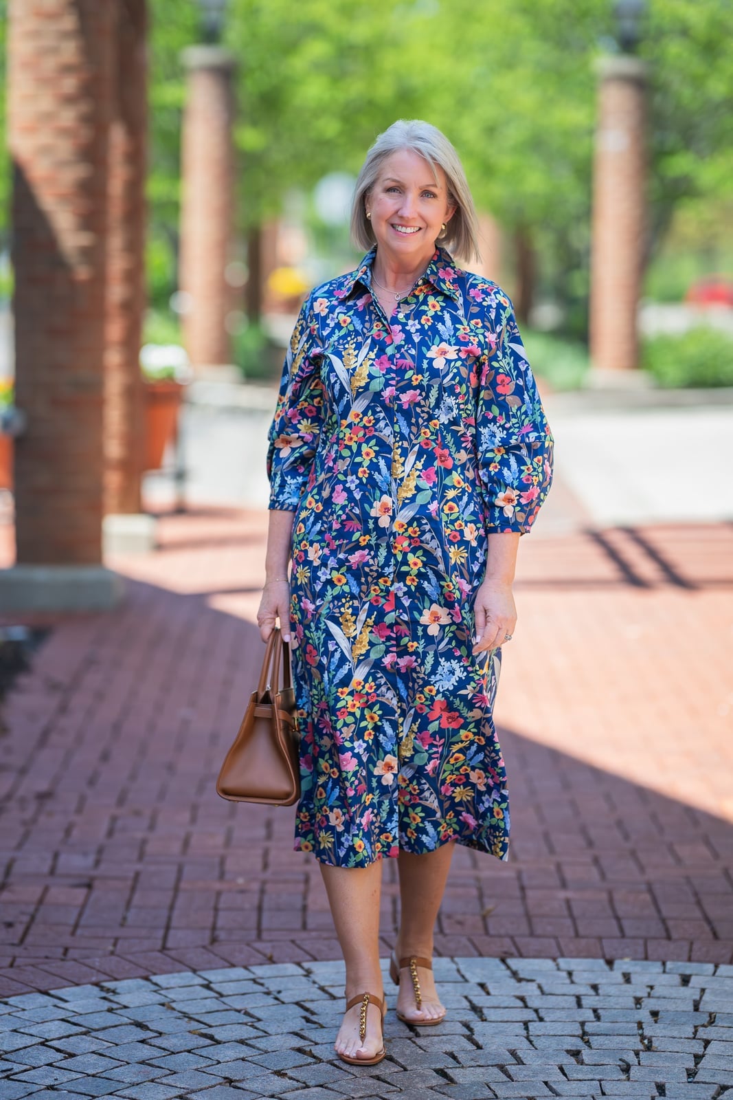 Navy Floral Print Cotton Shirt Dress With A-Line Skirt — Classy Dresses for Moms