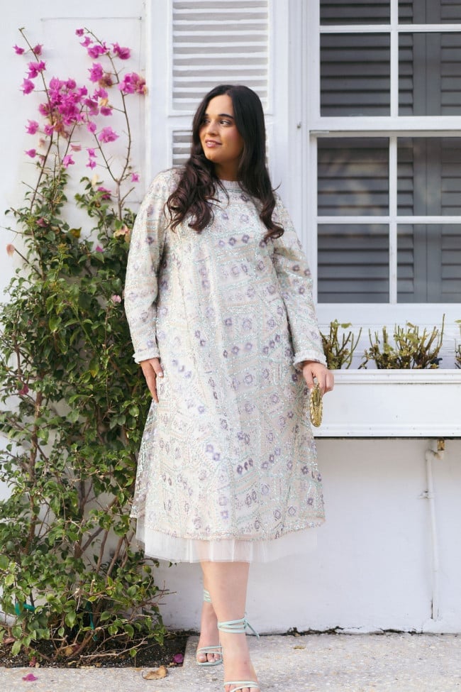 Ivory Sequined Long Sleeve Shift Dress With Tulle Hem — Classy Dresses for Moms