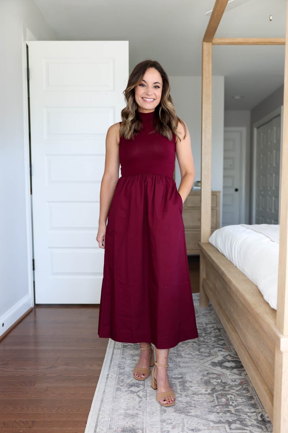 Deep Burgundy Textured Knit Sleeveless Midi Dress With Mock Neck — Classy Dresses for Moms
