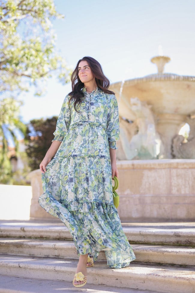 Green Blue Floral Print Tiered Midi Dress With Ruffled Sleeves — Classy Dresses for Moms