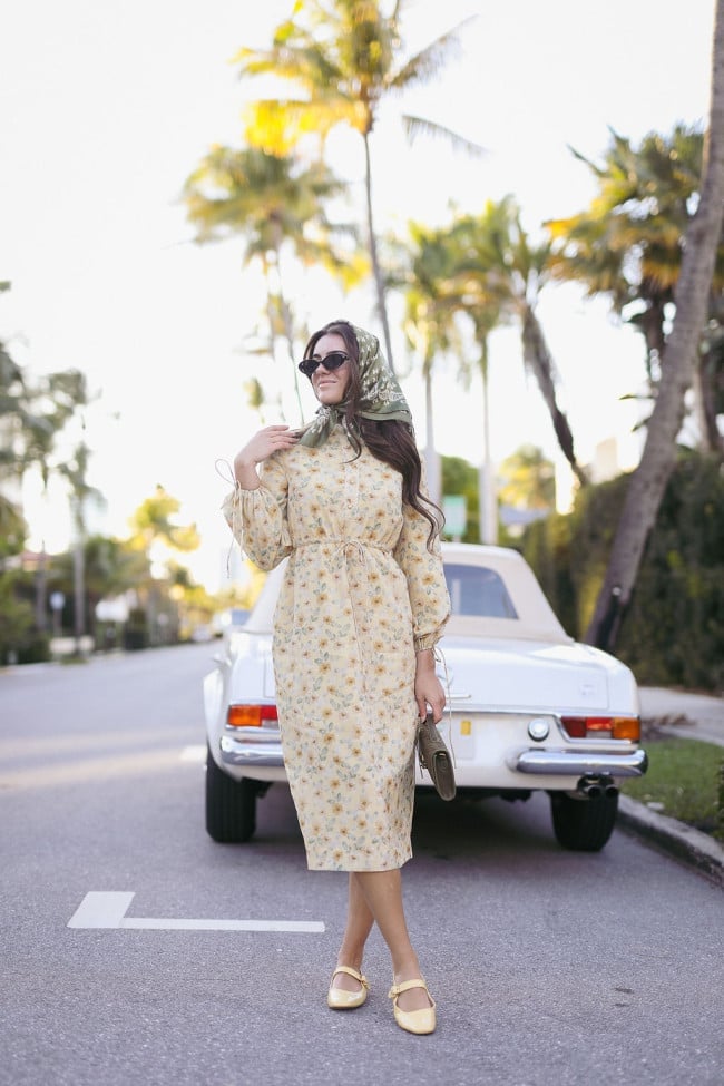 Pale Yellow Floral Print Long Sleeve Midi Dress With Belted Waist — Classy Dresses for Moms