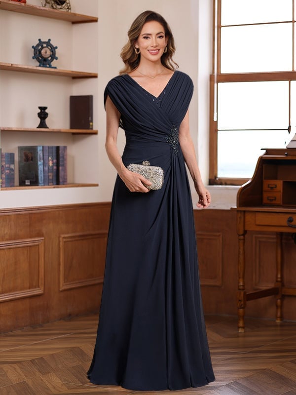 Navy A-Line Floor Length Gown With Ruched Bodice — Classy Dresses for Moms