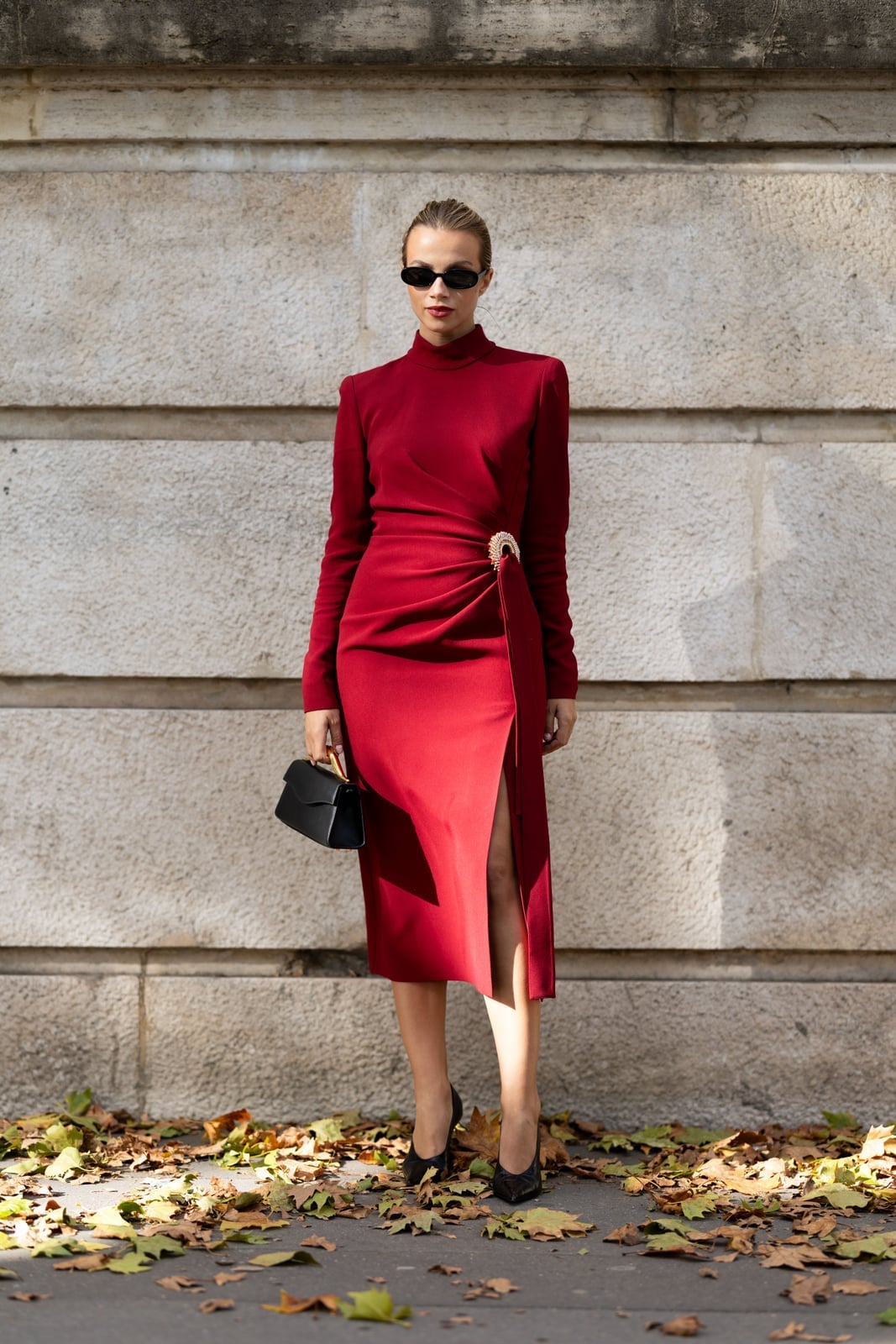 Fitted Red Long Sleeve Dress With High Neck And Slit — Classy Dresses for Moms