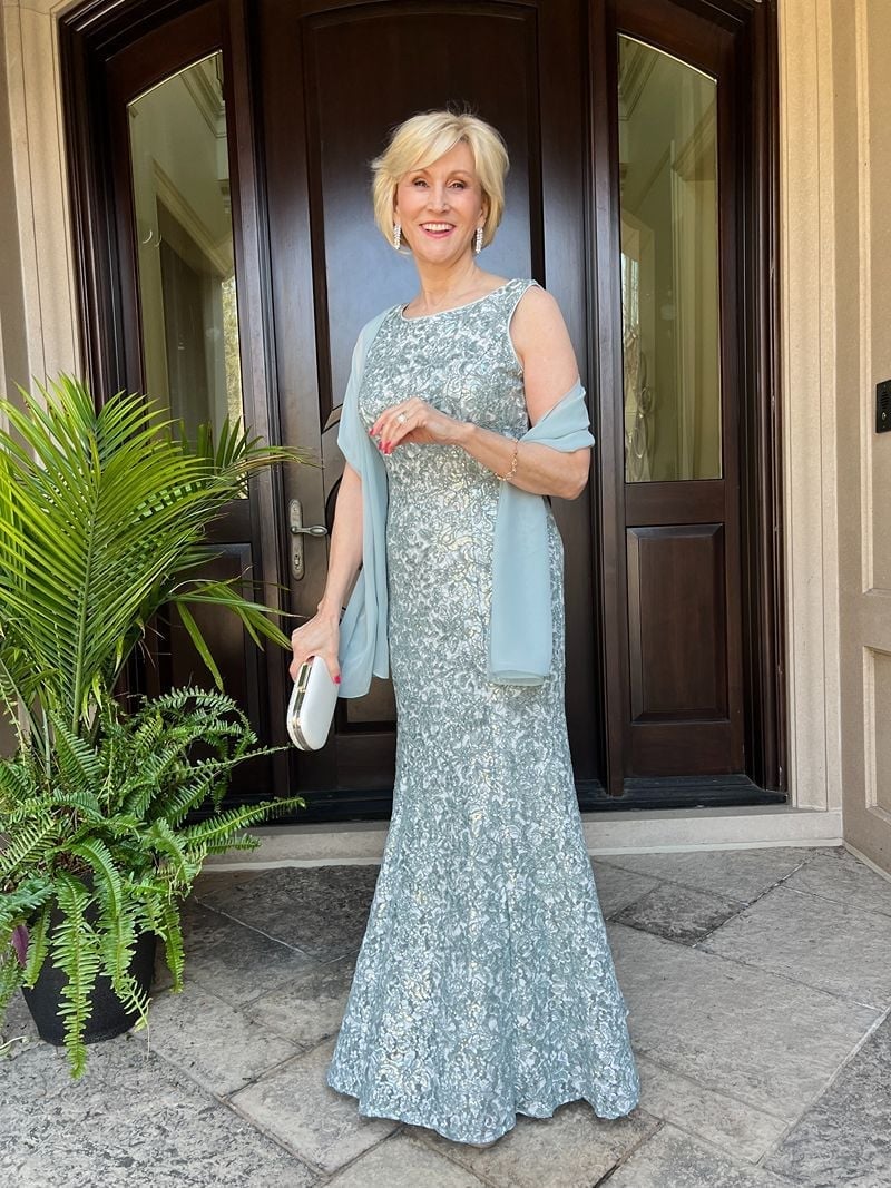 Silver Lace Sleeveless Column Gown With Scarf, Close-Up Take — Classy Dresses for Moms