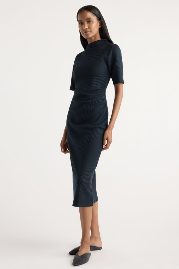 Dark Blue Ribbed Knit Mock Neck Midi Dress — Classy Dresses for Moms