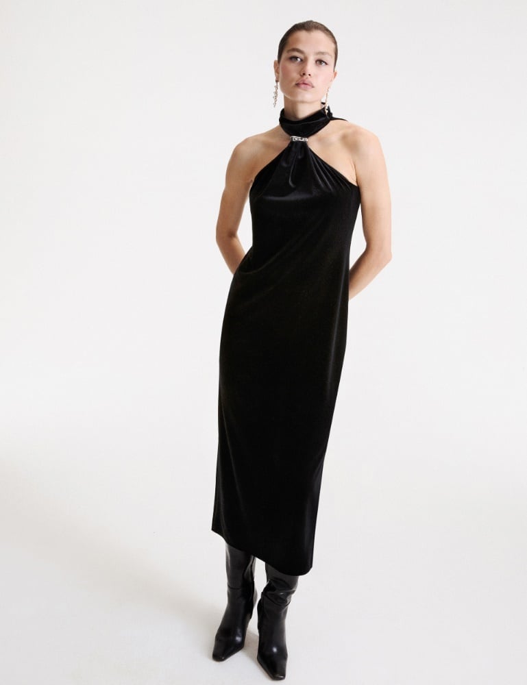 Black Velvet Halter Neck Midi Dress With Jeweled Neckline — Classy Dresses for Moms
