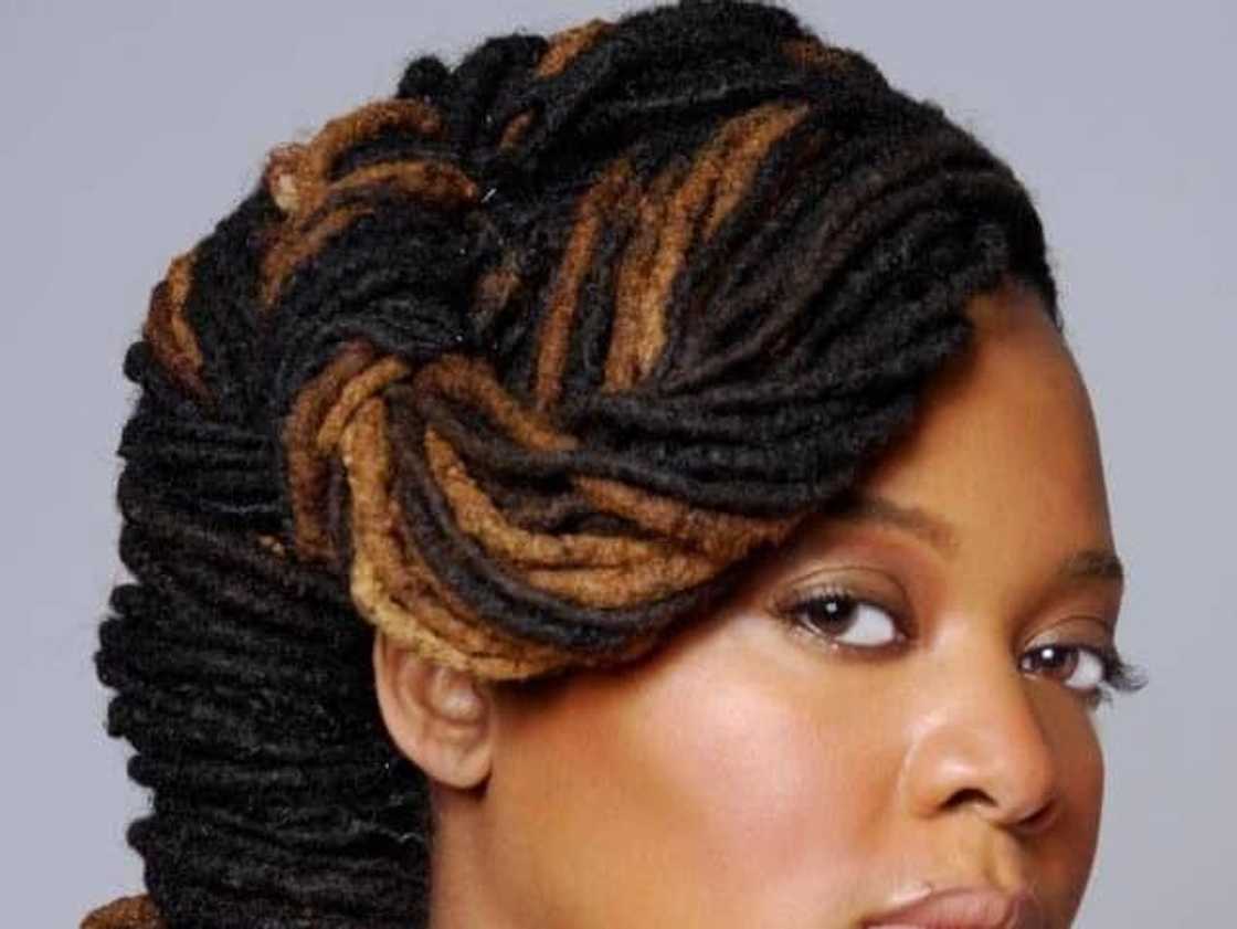 Mid-Back Black and Brown Highlighted Locs Updo — Classy Dyed Locs