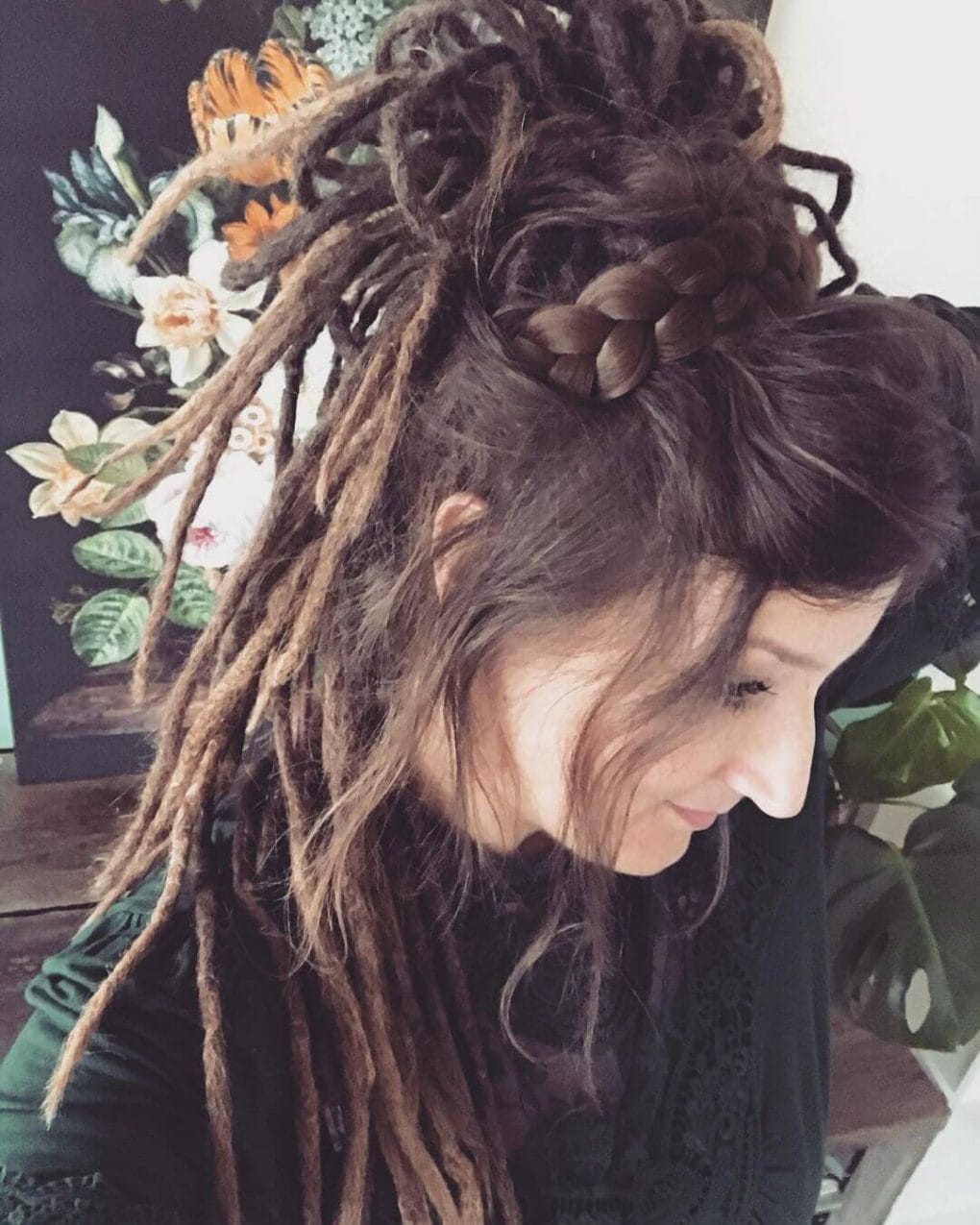 Mid-Back Dark Brown Locs With Highlighted Updo, Close-Up Take — Classy Dyed Locs