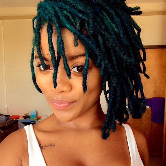 Shoulder Length Teal Locs Fading to Dark Roots — Classy Dyed Locs