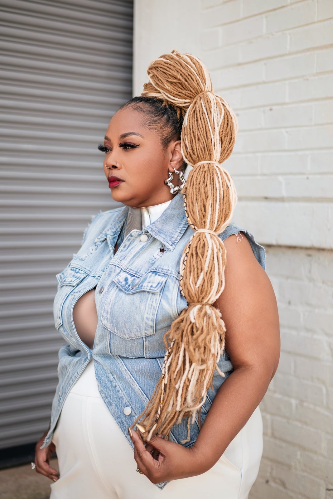 Mid-Back Blonde and Brown Locs Bubble Ponytail — Classy Dyed Locs