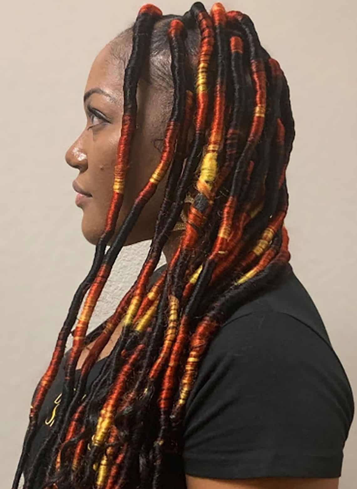 Mid-Back Locs With Black Red Orange Yellow Blend — Classy Dyed Locs