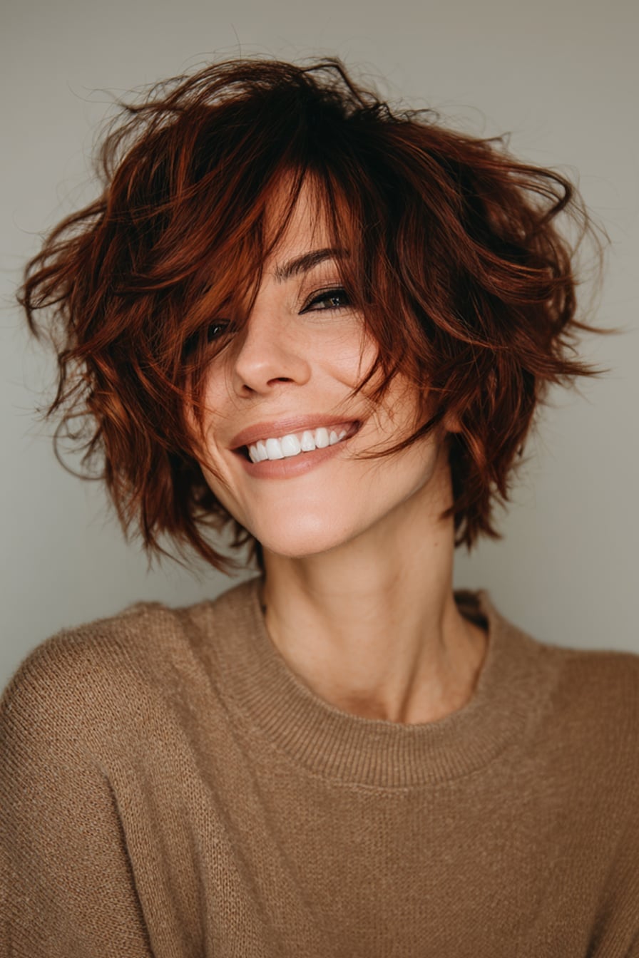Reddish-Brown Wavy Pixie With Tousled Styling Reddish-Brown Wavy Pixie With Tousled Styling — Classy Edgy Haircuts