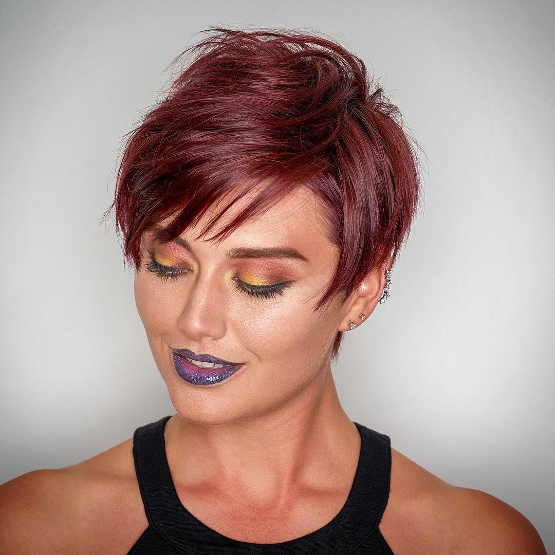 Vibrant Red Pixie With Piecey Styling, Ear Vibrant Red Pixie With Piecey Styling, Ear — Classy Edgy Haircuts