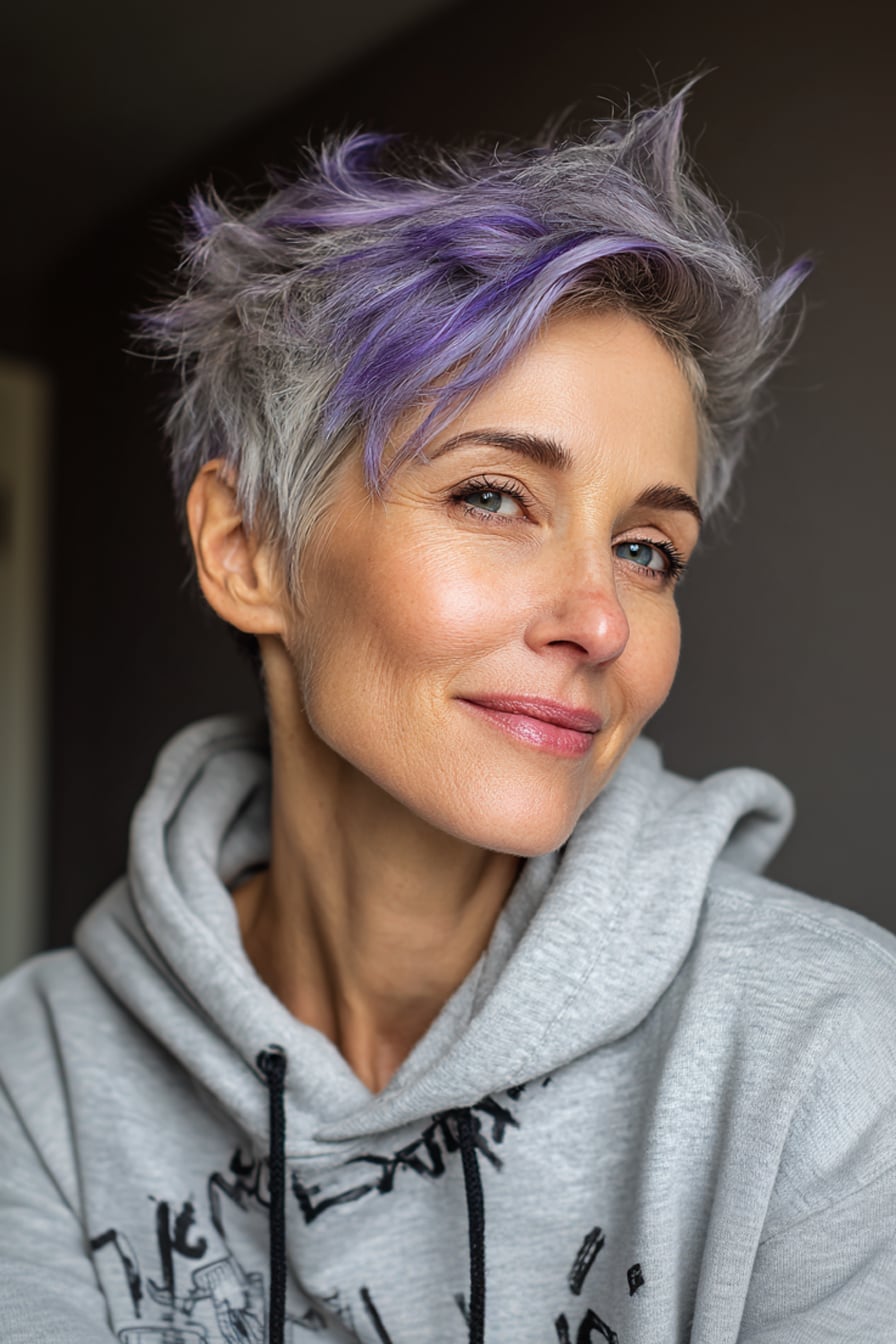 Silver Pixie With Purple Streaks Silver Pixie With Purple Streaks — Classy Edgy Haircuts