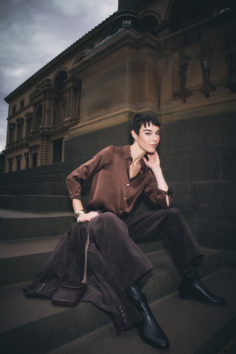Brown Silk Shirt with Wide-Leg Corduroy Trousers and Ankle Boots — Classy Edgy Outfits