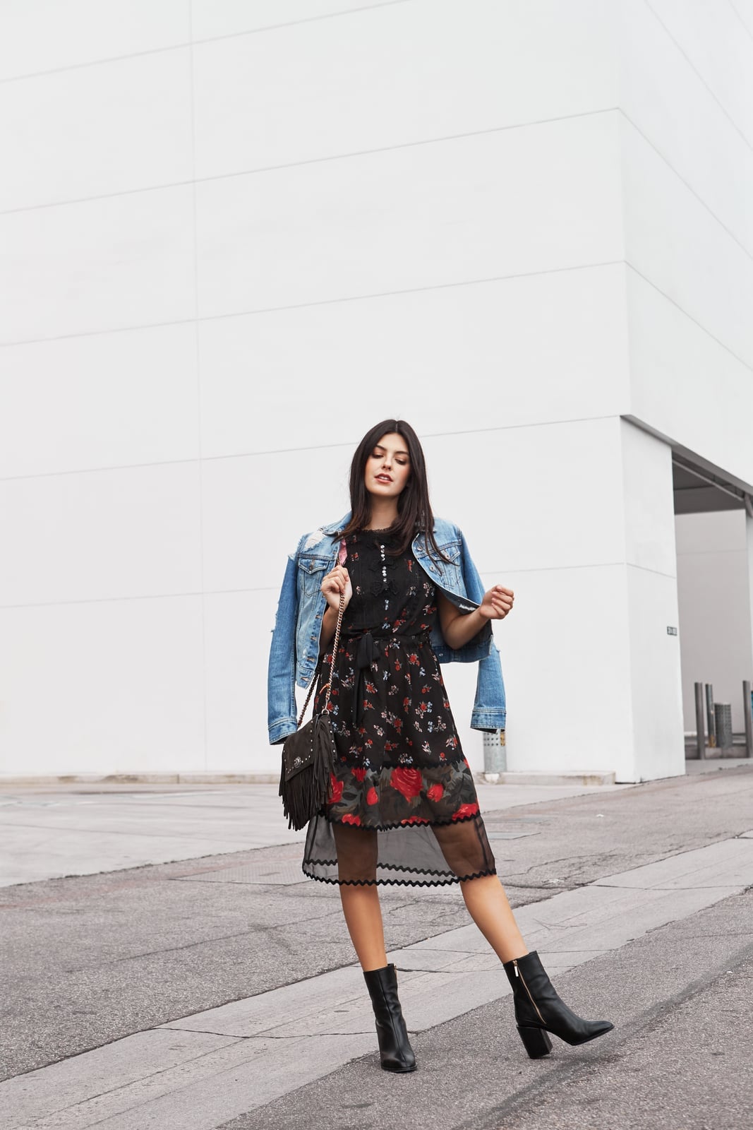 Sheer Floral Dress with Denim Jacket and Fringe, Close-Up Take — Classy Edgy Outfits