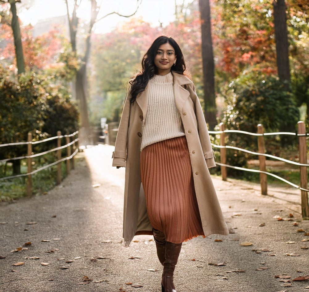 Beige Trench Coat Over Sweater with Pleated Rust Skirt and Boots — Classy Edgy Outfits