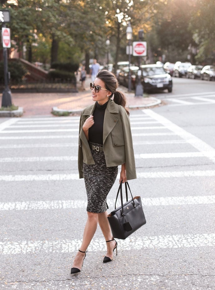 Olive Green Cropped Jacket with Tweed Pencil Skirt and Heels — Classy Edgy Outfits