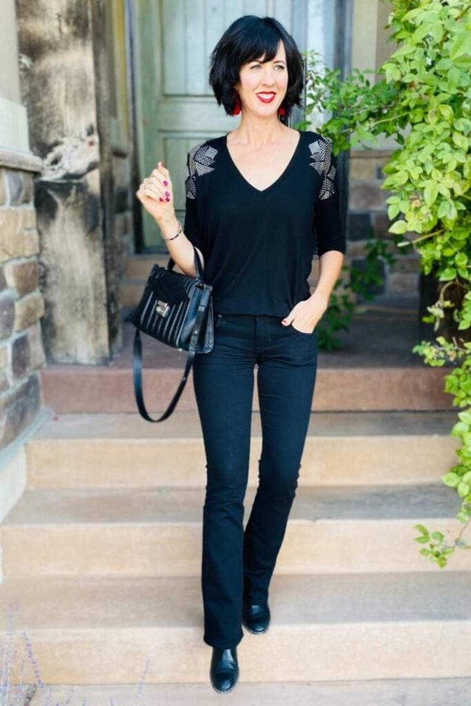 Embellished Top with Bootcut Jeans and Pointed Ankle Boots — Classy Edgy Outfits
