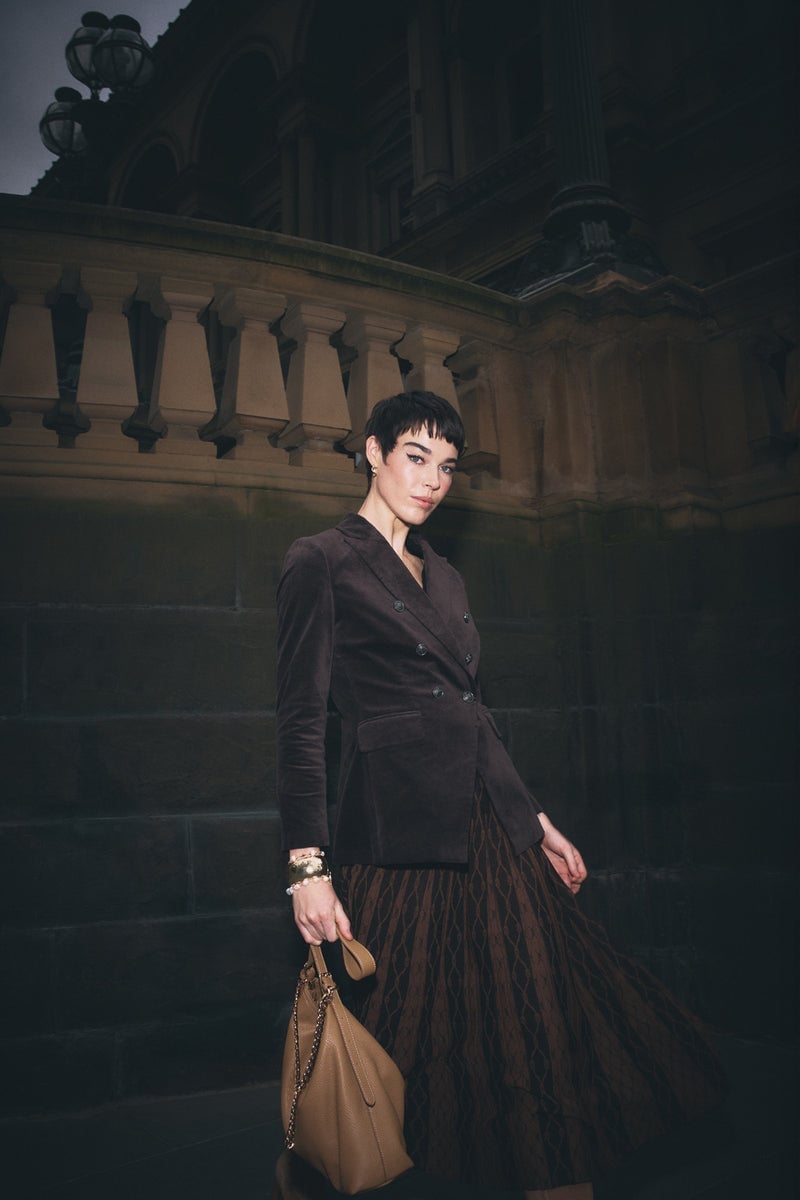 Dark Brown Velvet Blazer Over Patterned Skirt and Brown Heels — Classy Edgy Outfits