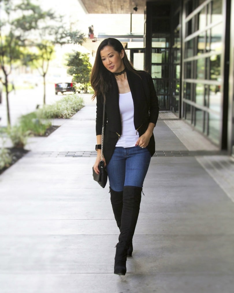 Black Cardigan Over White Tank with Jeans and Over-The-Knee Boots — Classy Edgy Outfits