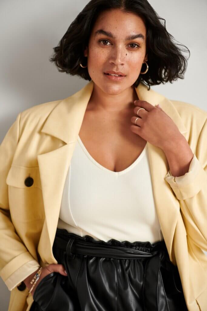 Light Yellow Oversized Blazer Over Cream V-Neck Top and Black Trousers — Classy Edgy Outfits