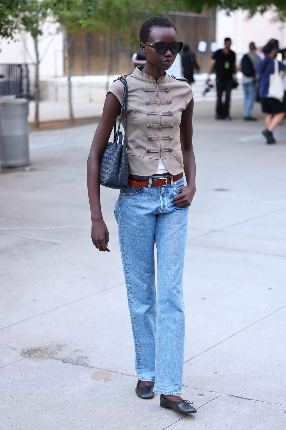 Military Vest Over T-Shirt with Straight-Leg Jeans and Pointed Flats — Classy Edgy Outfits