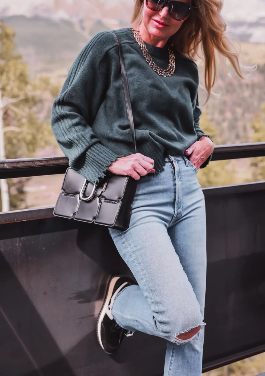 Dark Green Sweater with Distressed Jeans and Chunky Gold Necklace — Classy Edgy Outfits