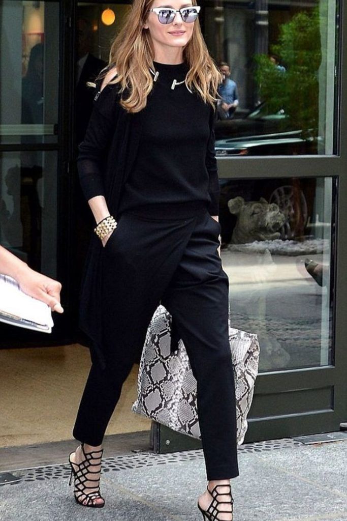Monochromatic Black Outfit with Wrap Trousers and Snake Print Tote — Classy Edgy Outfits