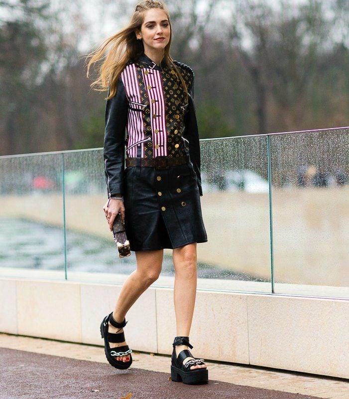 Striped Multi-Panel Jacket with A-Line Skirt and Platform Sandals — Classy Edgy Outfits