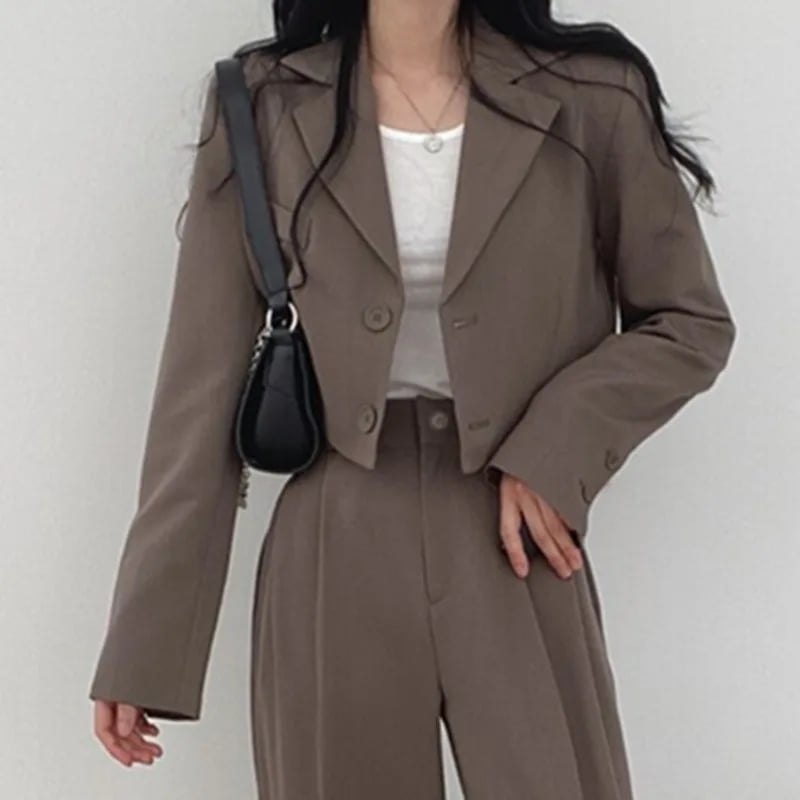 Cropped Brown Blazer Over White Tank with Wide-Leg Trousers — Classy Edgy Outfits