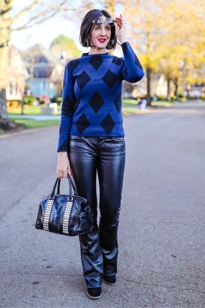 Black Leather Trousers with Diamond-Patterned Sweater and Studded — Classy Edgy Outfits