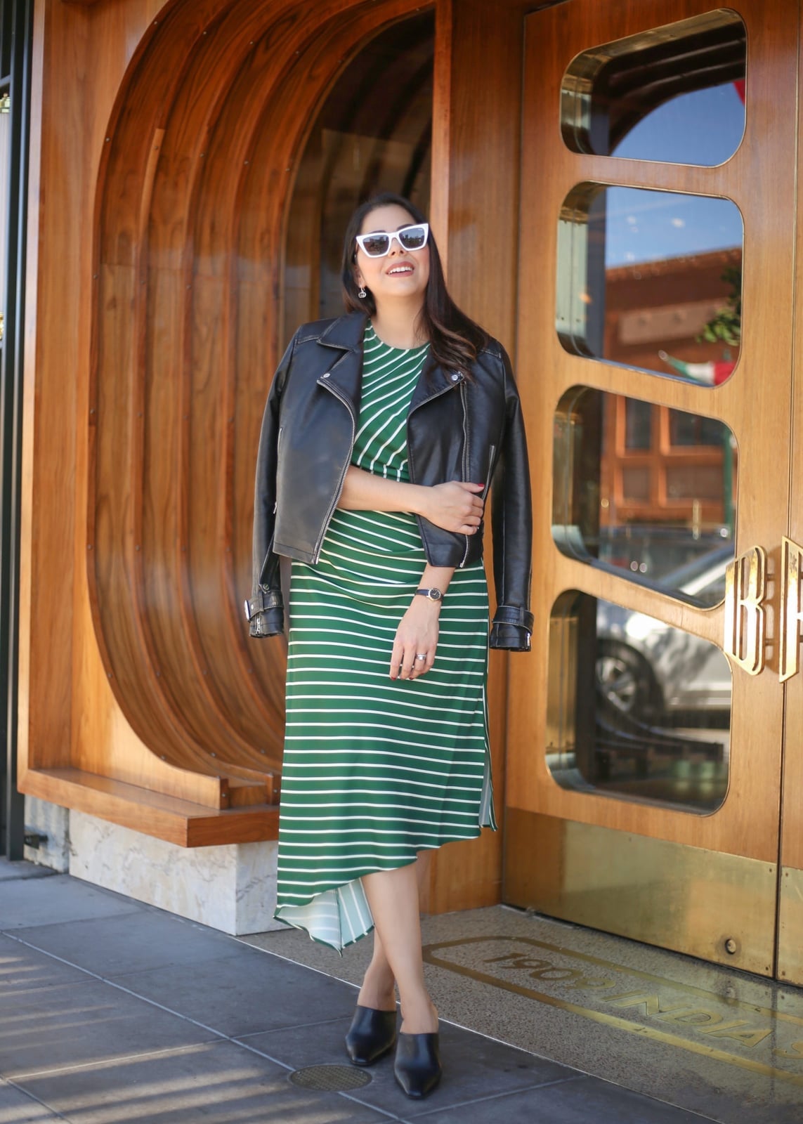 Striped Midi Dress with Leather Biker Jacket and Pointed Mules — Classy Edgy Outfits