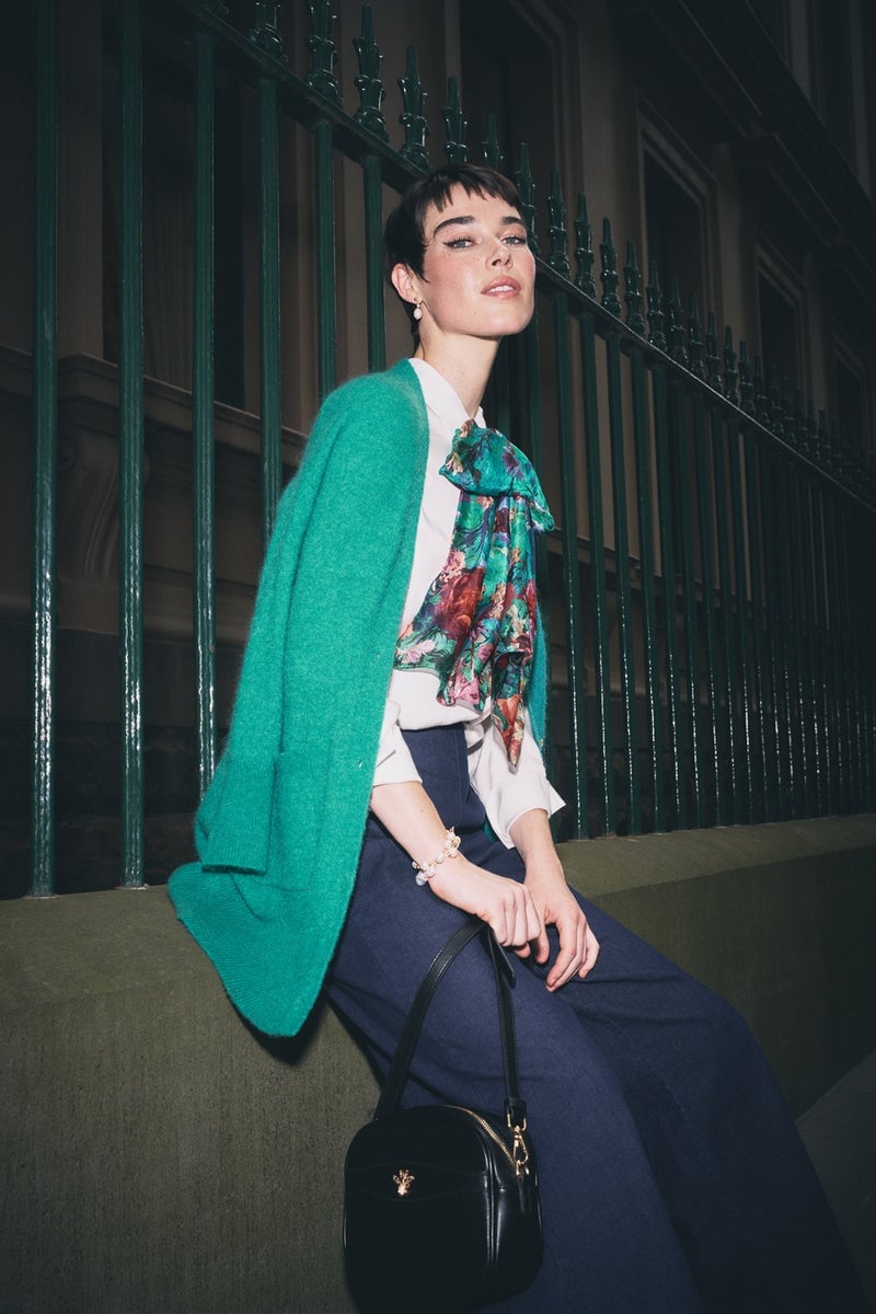White Blouse with Printed Scarf and Bright Green Cardigan — Classy Edgy Outfits